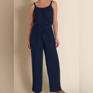 Soft Surroundings Jumpsuit Navy Blue Crinkle Gauze Business Casual Sz L